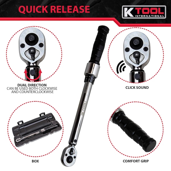 Adjustable Ratcheting Torque Wrench, 30-250 In/Lbs, 3/8" Drive